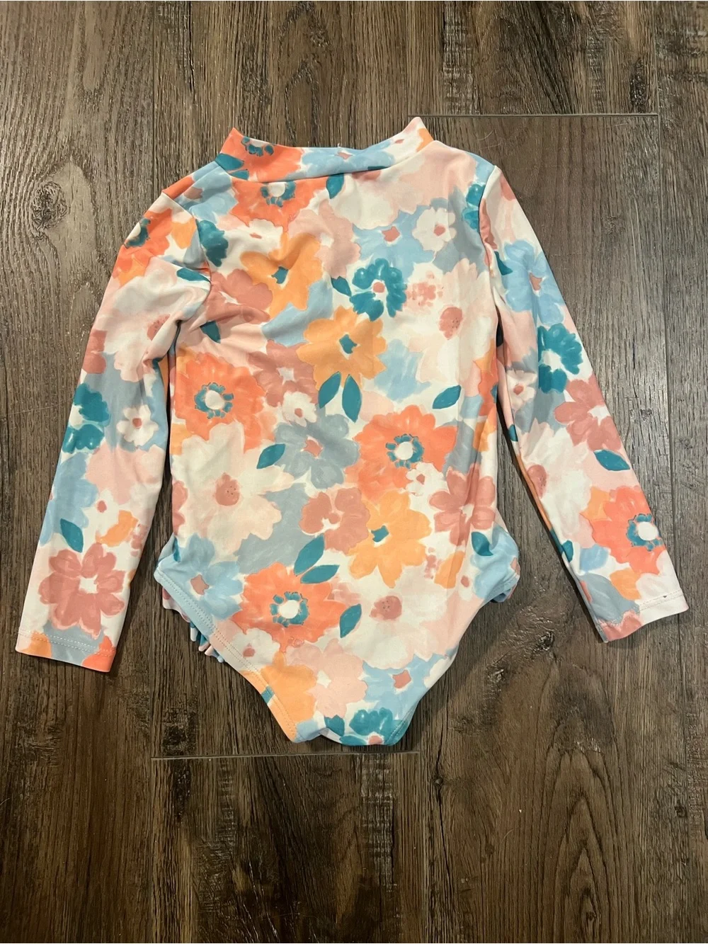 Long-Sleeve Floral One-Piece Swimsuit in Peach, Coral & Blue